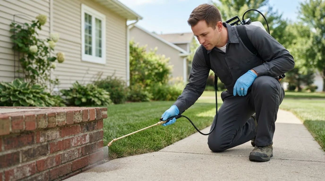 Pest control technician treating a home near Linn, KS